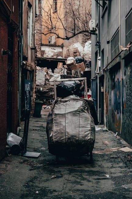 A narrow urban alleyway cluttered with a mixture of discarded rubbish and debris, including black and white plastic bags piled against a makeshift barrier at the far end. In the foreground, there is a large, weathered trolley covered with a grey tarp, showing visible creases and dirt marks, positioned on the damp, uneven pavement. The left side of the alley features a red brick wall with some graffiti and a discarded black trash bin leaning against it. On the right side, a grey metal building wall has small, barred windows and a white utility box mounted on the wall. Bare tree branches extend overhead against a cloudy sky, with the surrounding environment appearing neglected and unkempt. The scene suggests a hidden corner of the city used for illicit dumping or an area awaiting clearance, aligning with private waste collection services often employed in such contexts, as managed by Rubbish Removal Paddington.